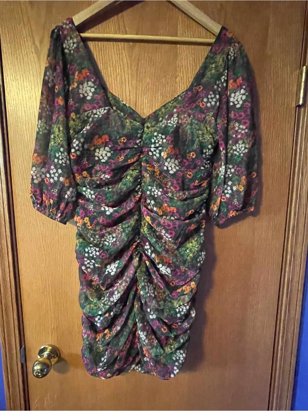 Desigual Floral Ruched Mini Dress in Green, Purple, White, Orange